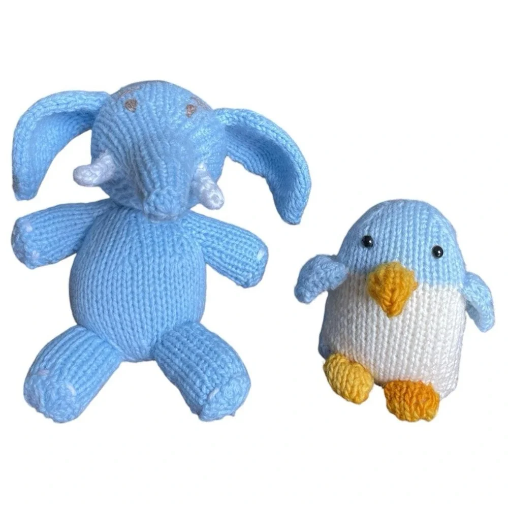Handmade Elephant Penguin Knitted Blue Toys Small Stuffed Baby Animals Set of 2
